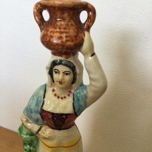 Vintage Italian ceramic figurine lady woman carry water jar on head repaired 10"